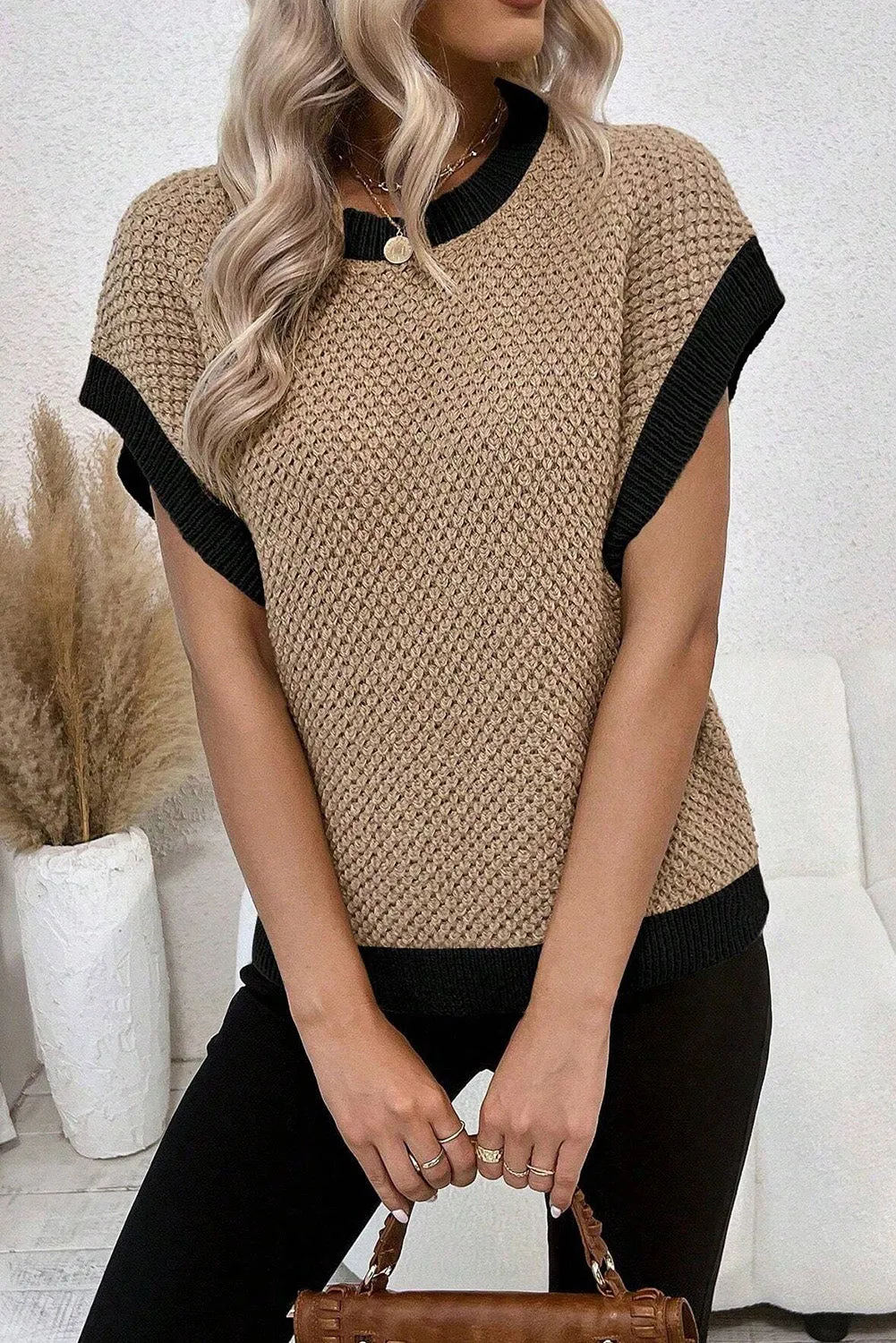 Light French Beige Contrast Trim Round Neck Batwing Sleeve Sweater Top