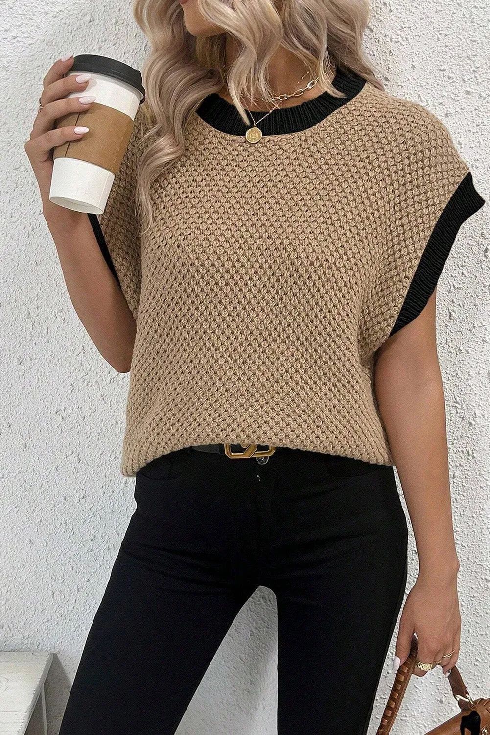 Light French Beige Contrast Trim Round Neck Batwing Sleeve Sweater Top