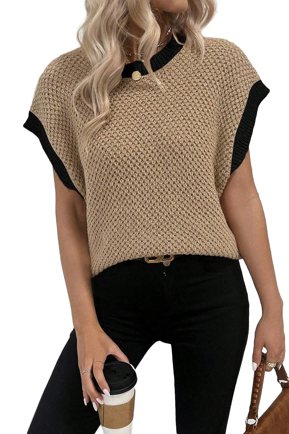 Light French Beige Contrast Trim Round Neck Batwing Sleeve Sweater Top