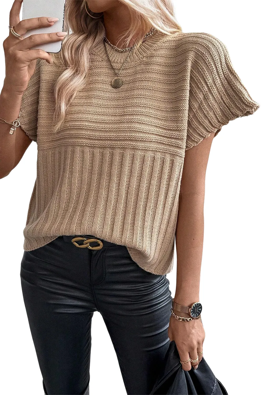 Light French Beige Rib Knitted Batwing Sleeve Sweater Top
