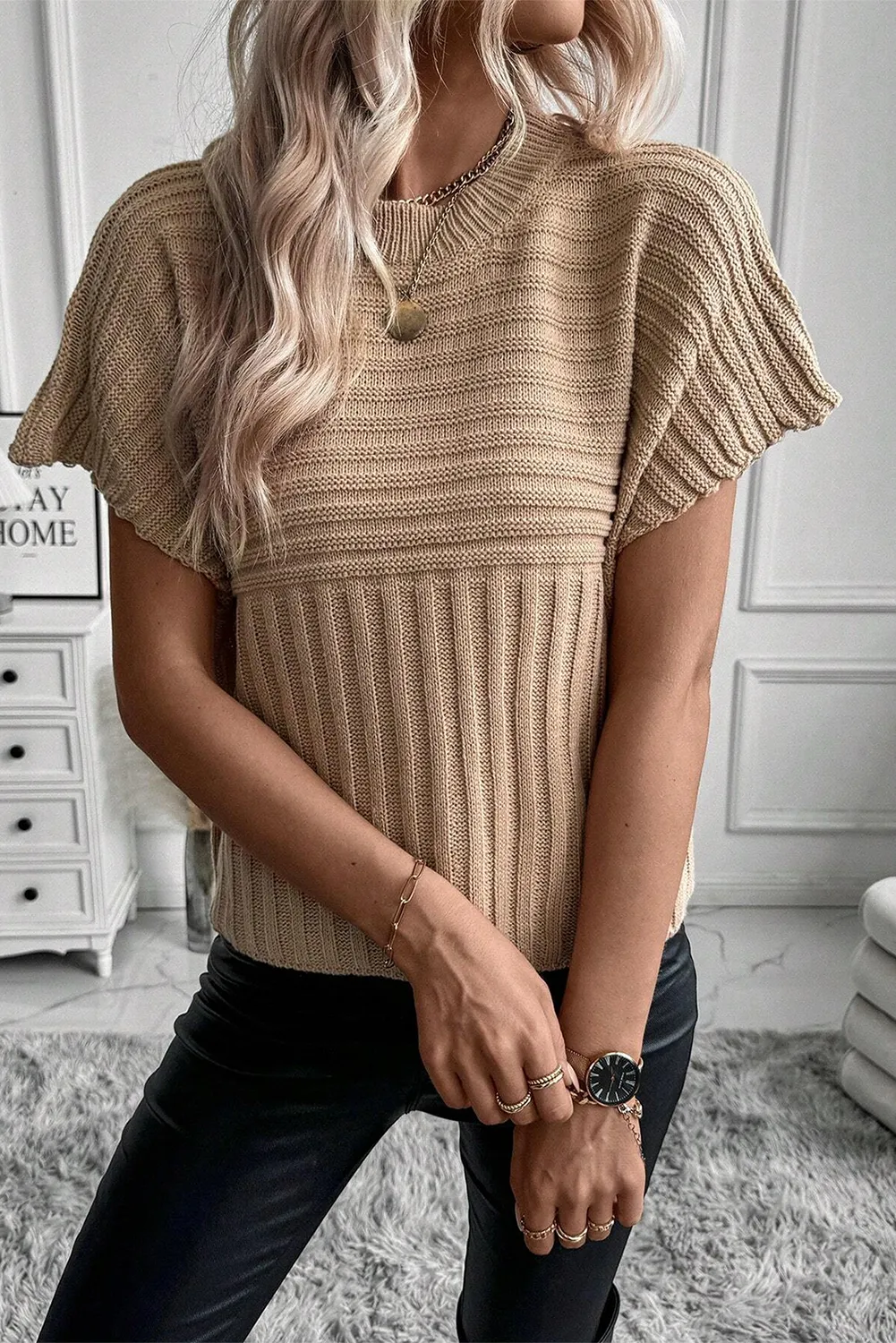 Light French Beige Rib Knitted Batwing Sleeve Sweater Top