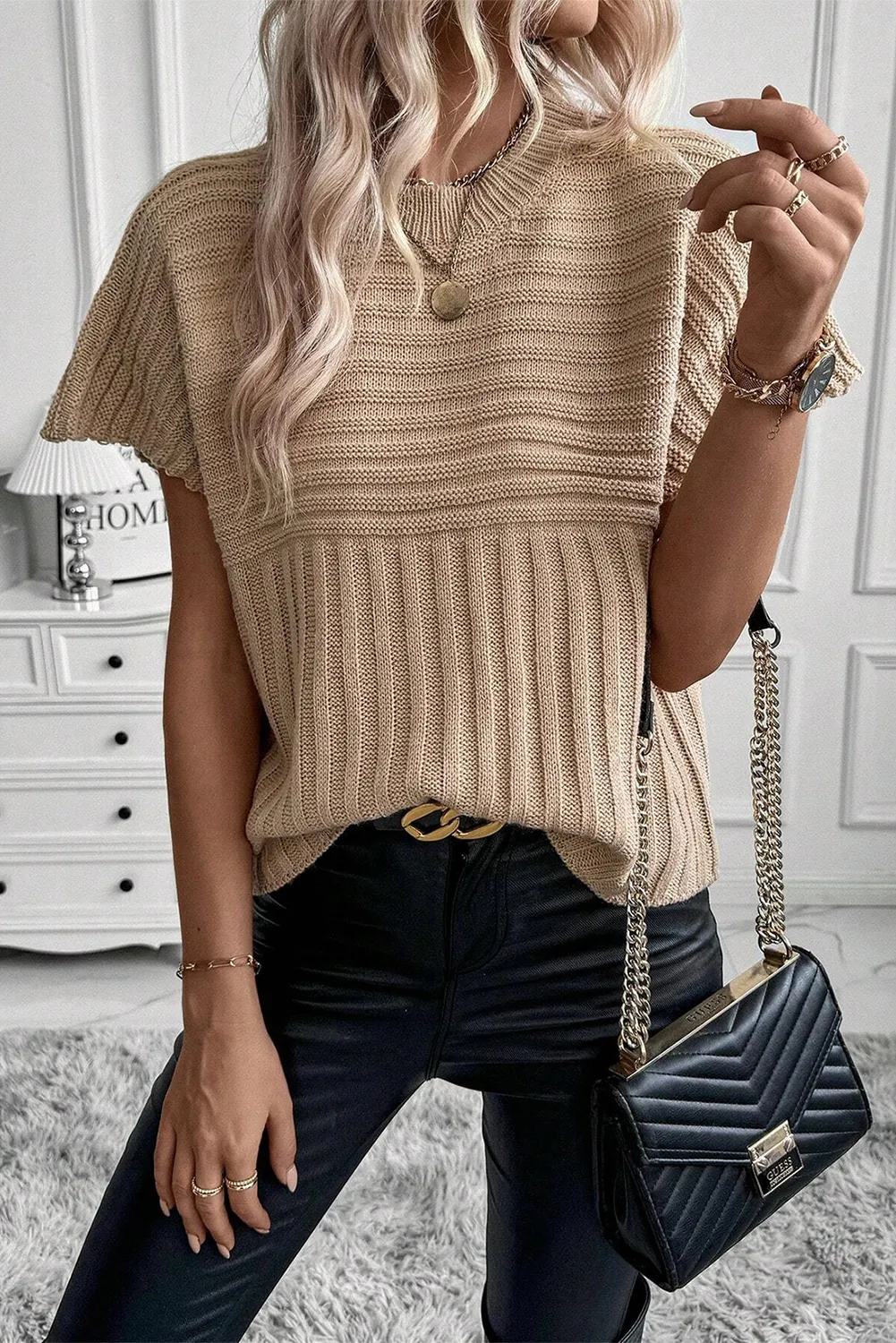 Light French Beige Rib Knitted Batwing Sleeve Sweater Top
