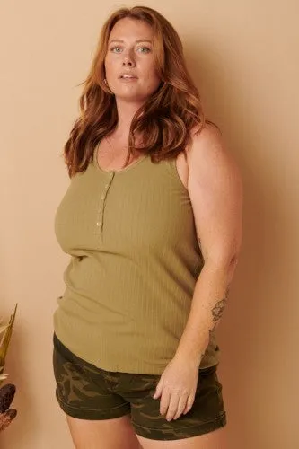 Light Olive Rib Knit Button Scoop Neck Tank