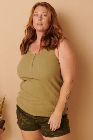 Light Olive Rib Knit Button Scoop Neck Tank