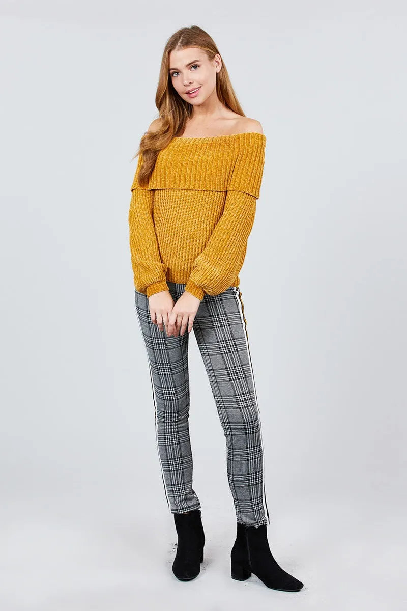 Long Sleeve Fold Over Off The Shoulder Chenille Sweater