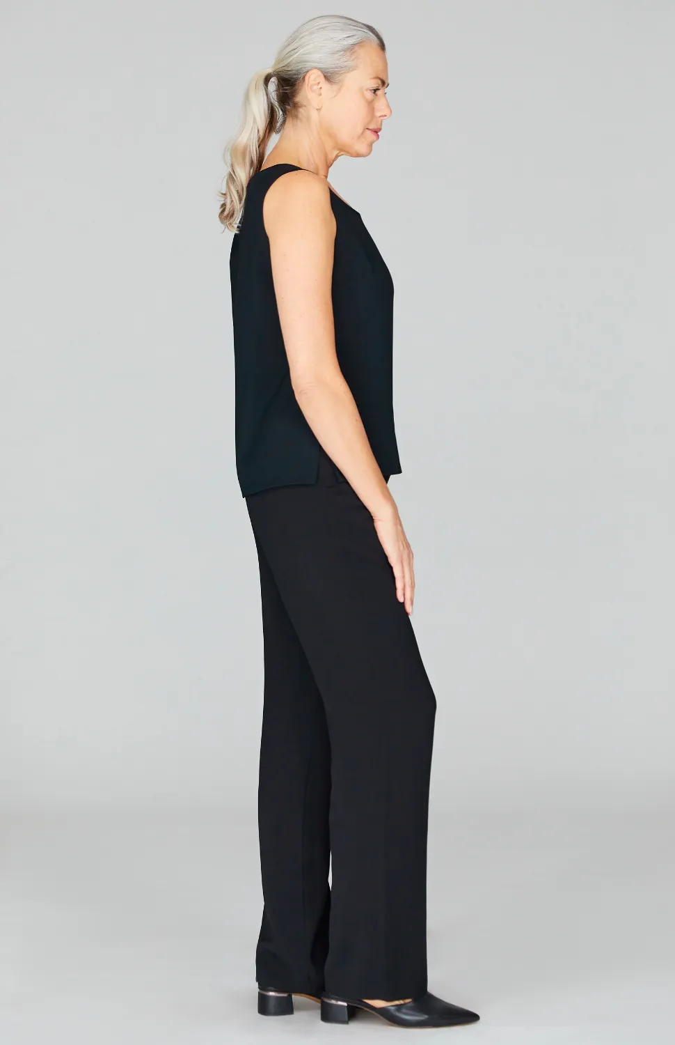 Lustrous Crepe Essential Straight Leg Pant w/Flat Front & Back Elastic