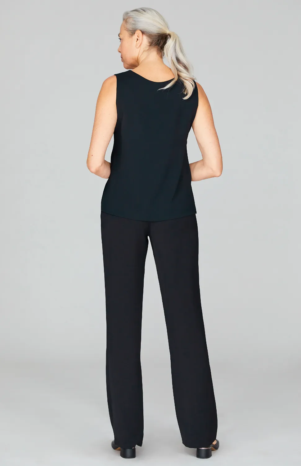 Lustrous Crepe Essential Straight Leg Pant w/Flat Front & Back Elastic