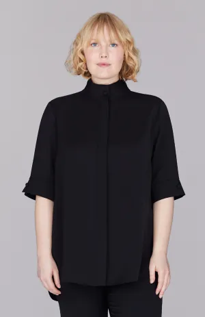 Lustrous Crepe Mandarin Collar Button Down Tunic