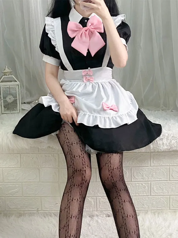 Maid Lolita Dress Polyester Pink Bow Short Sleeves Lolita Dress