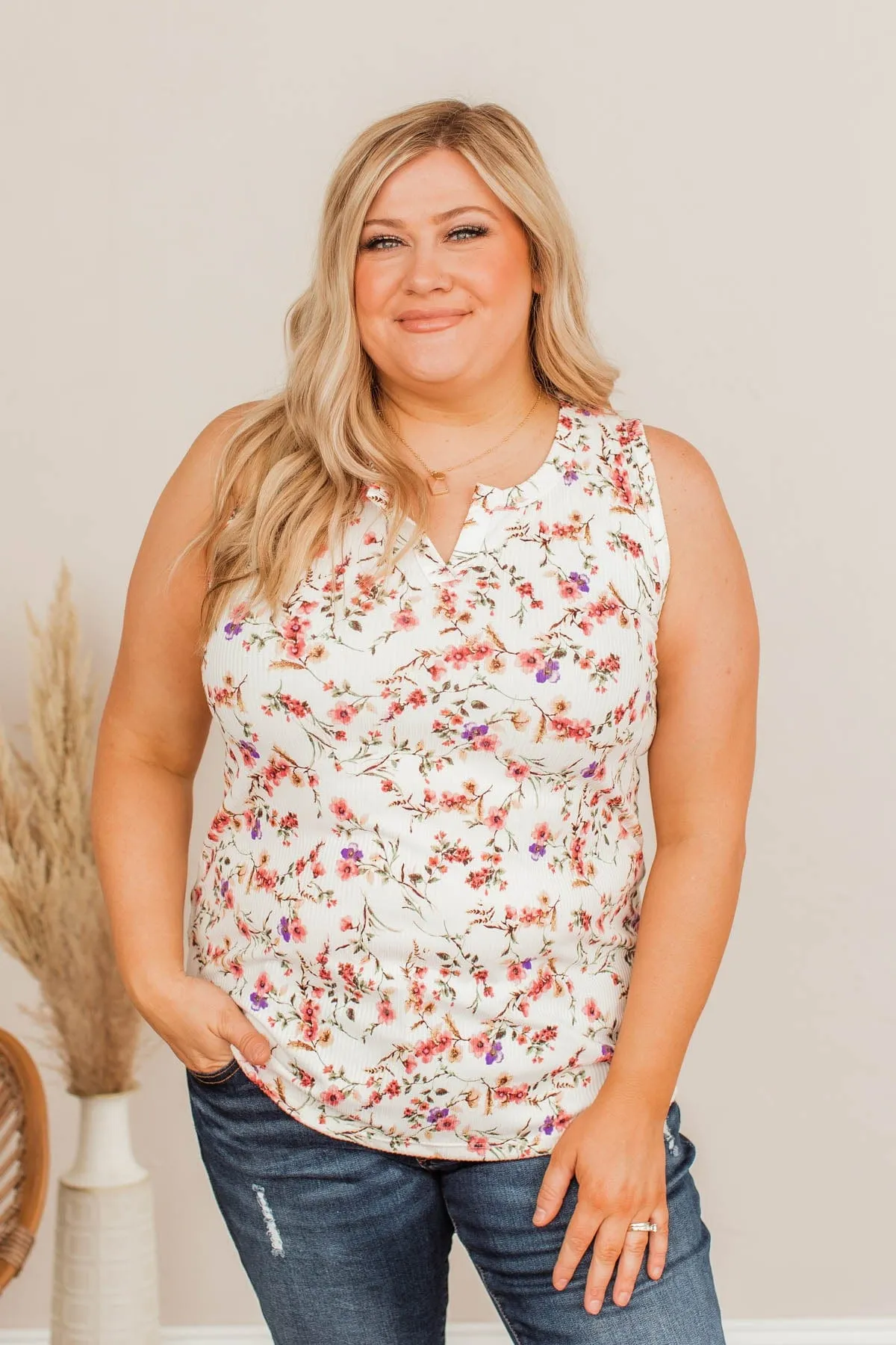 Marigold Melodies Ribbed Floral Tank- Ivory