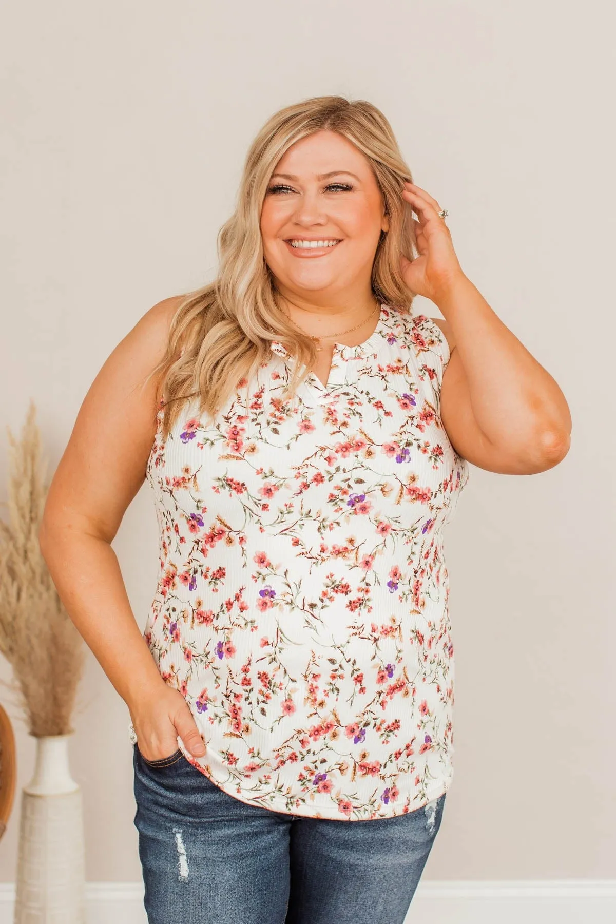 Marigold Melodies Ribbed Floral Tank- Ivory