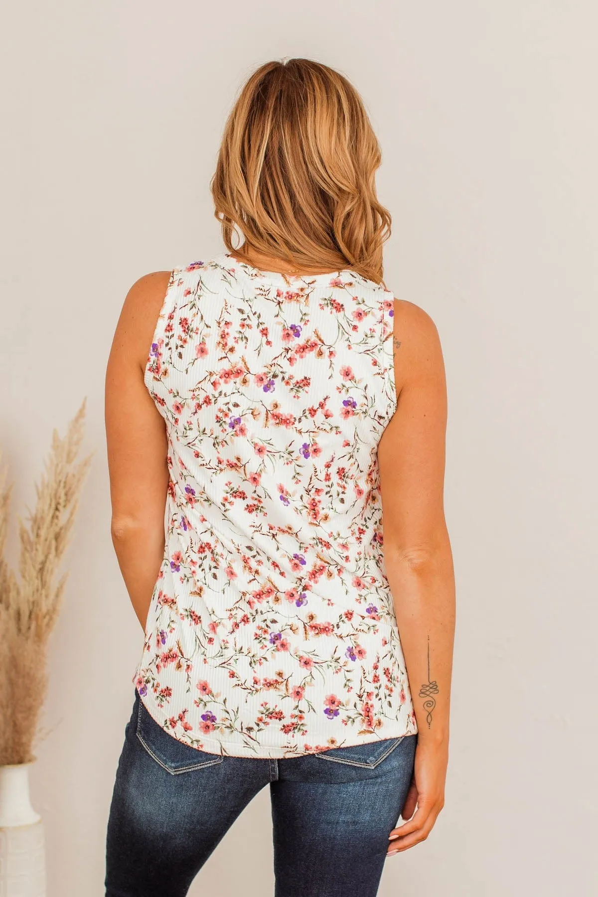 Marigold Melodies Ribbed Floral Tank- Ivory