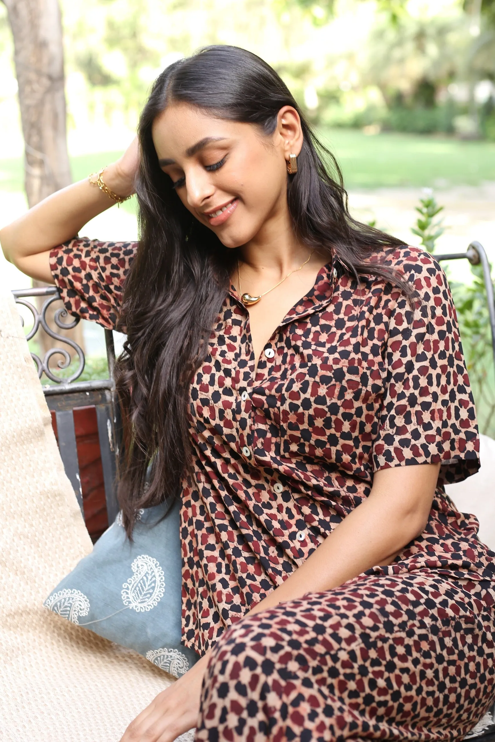 Maroon With Black Modal Hand Block Printed Ready-To-Wear Relaxed Fit Co-ord Set