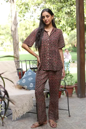 Maroon With Black Modal Hand Block Printed Ready-To-Wear Relaxed Fit Co-ord Set