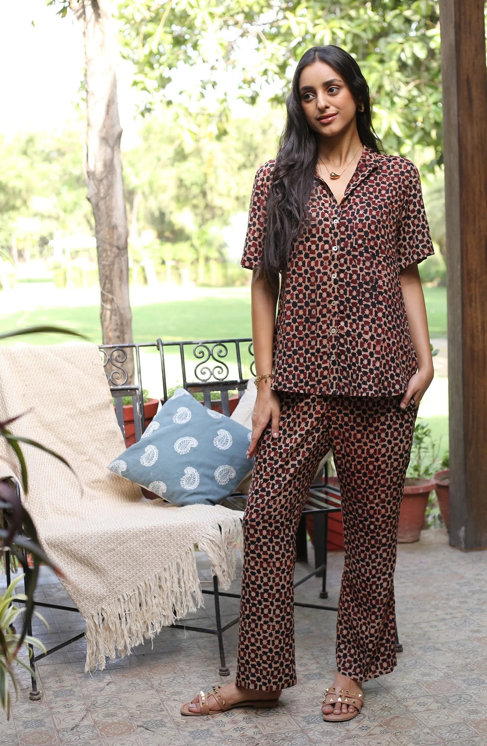 Maroon With Black Modal Hand Block Printed Ready-To-Wear Relaxed Fit Co-ord Set