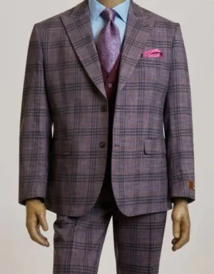 Mens Peak Lapel Modern Fit - No Pleated Pants Designer Brand Single Breasted Mauve 3 Piece Vested Suit