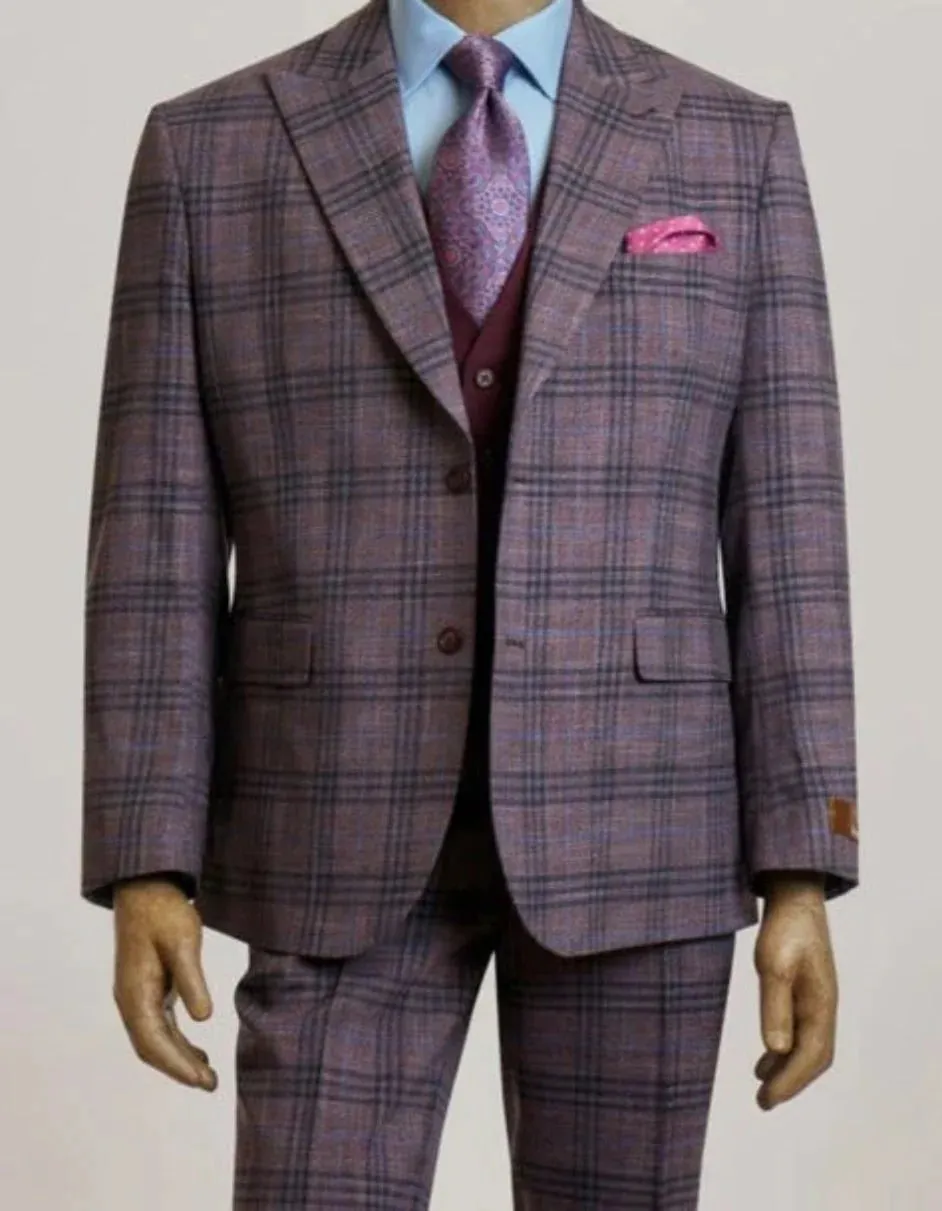 Mens Peak Lapel Modern Fit - No Pleated Pants Designer Brand Single Breasted Mauve 3 Piece Vested Suit