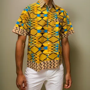 Men's Yellow/Black/Teal/Gold African Print Kente Shirt (XL)