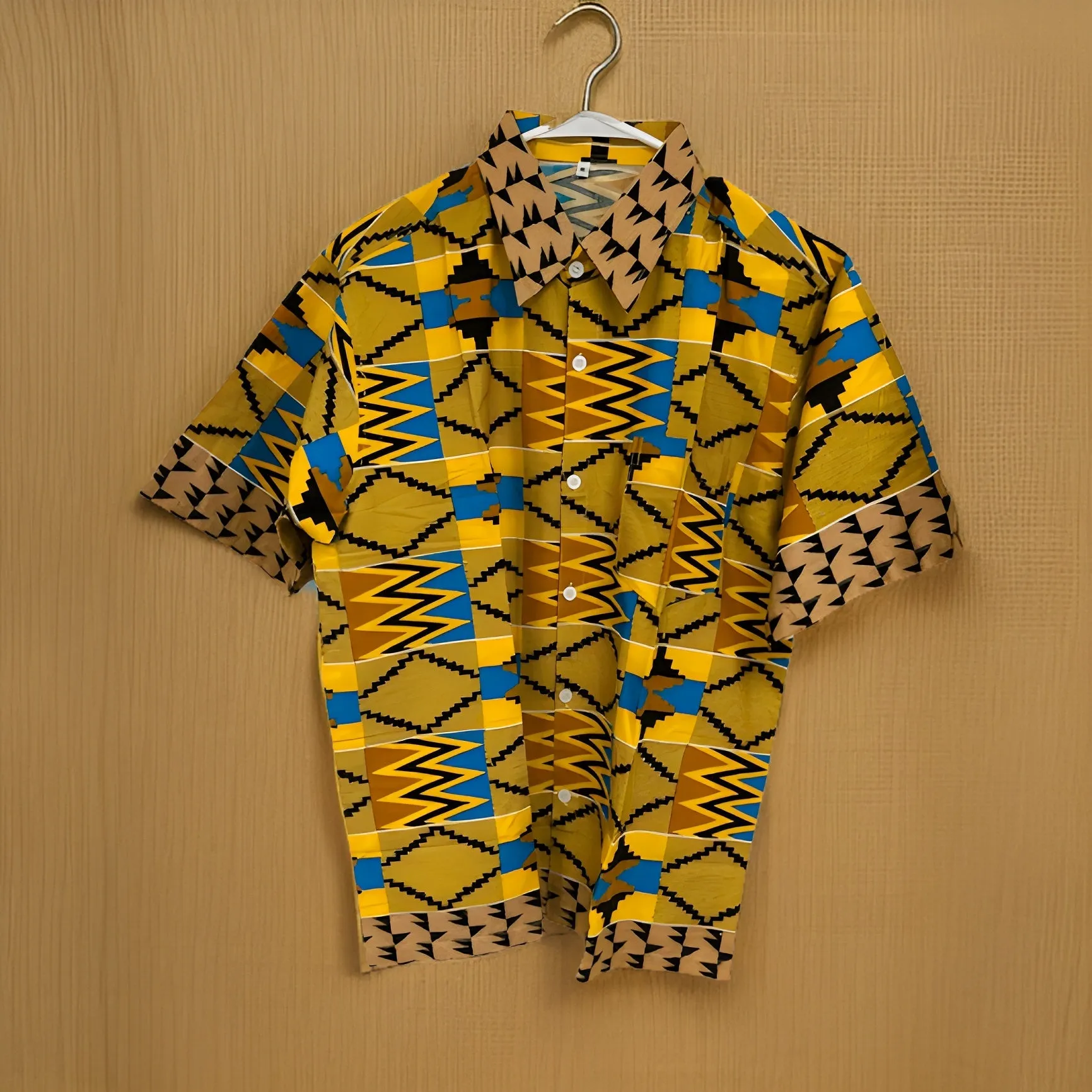 Men's Yellow/Black/Teal/Gold African Print Kente Shirt (XL)
