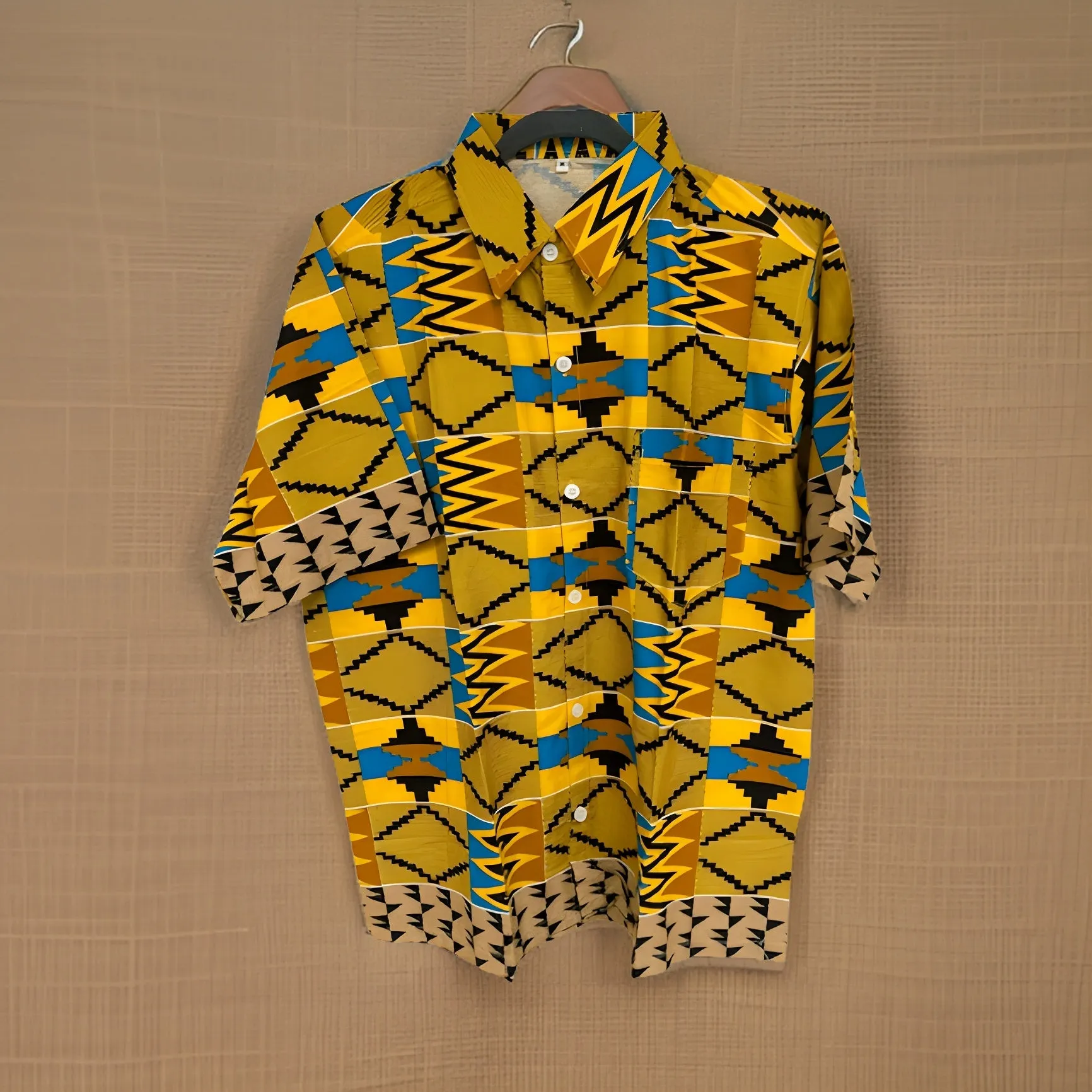 Men's Yellow/Black/Teal/Gold African Print Kente Shirt (XL)