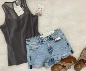 Mesh Ribbed High Neck Tank Top