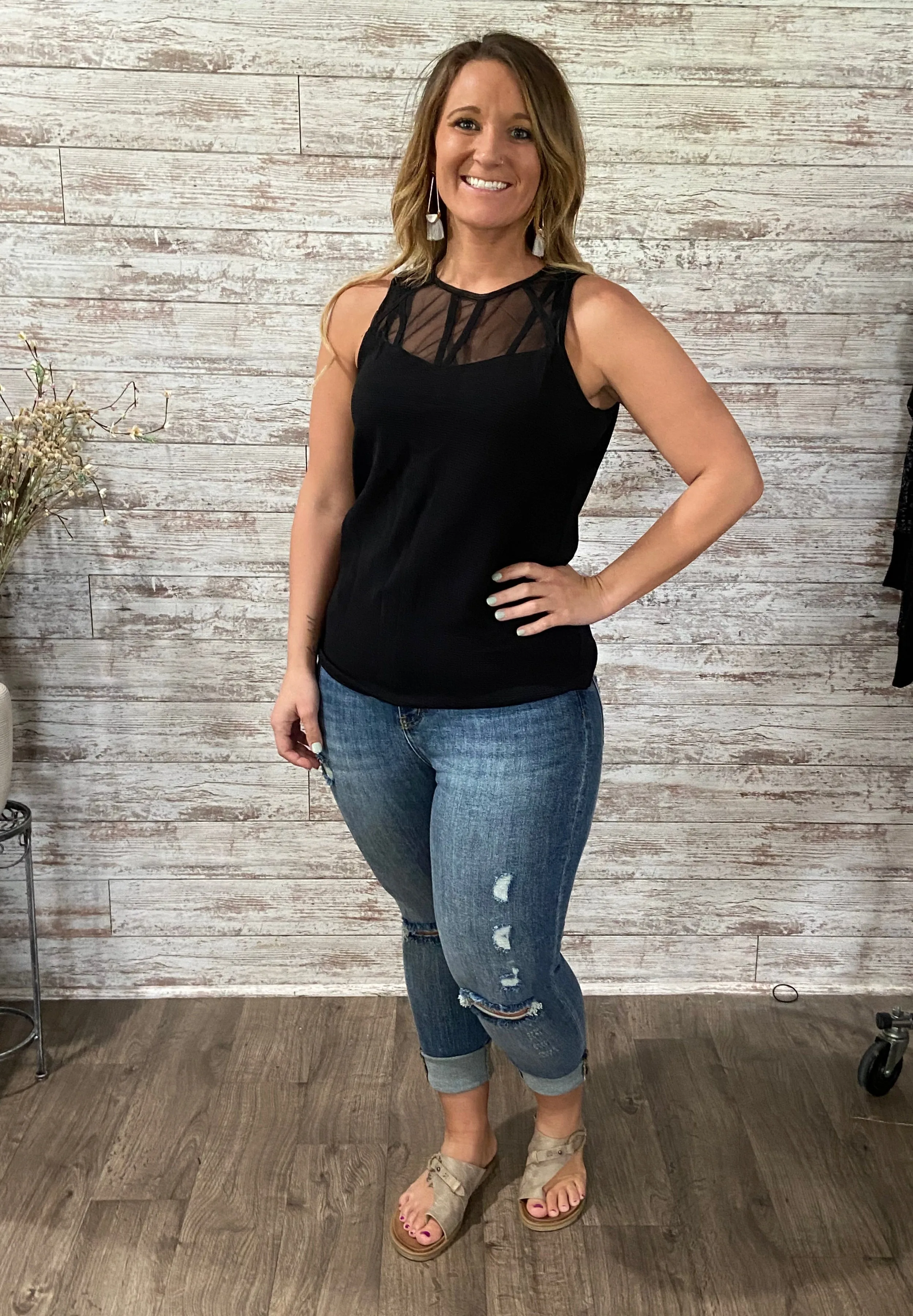 Mesh Ribbed High Neck Tank Top