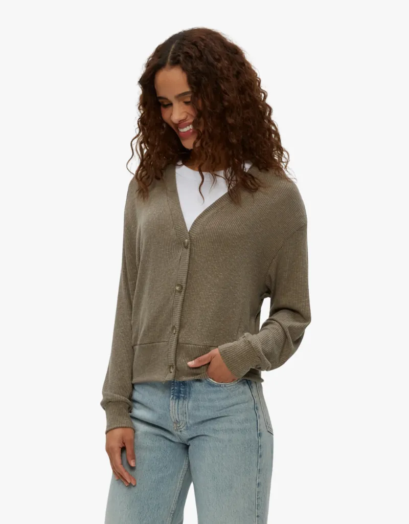 Michael Stars Isla V-Neck Ribbed Cardigan in Cobblestone