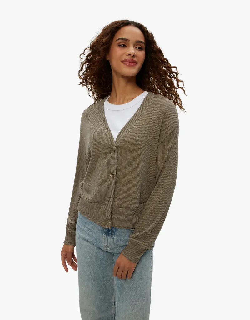 Michael Stars Isla V-Neck Ribbed Cardigan in Cobblestone