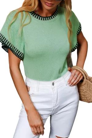 Mint Green Contrast Trim Round Neck Batwing Sleeve Knitted Top