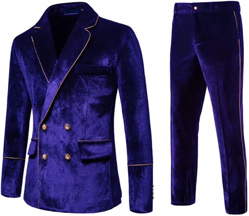 Modern Violet Double Breasted Velvet Two Pieces Prom Suits Notched Lapel Wedding Groomen Suits