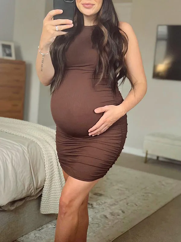 Momnfancy Coffee Shirred Ruched Knitting Rib Fabric Casual Bodycon Maternity Mini Dress