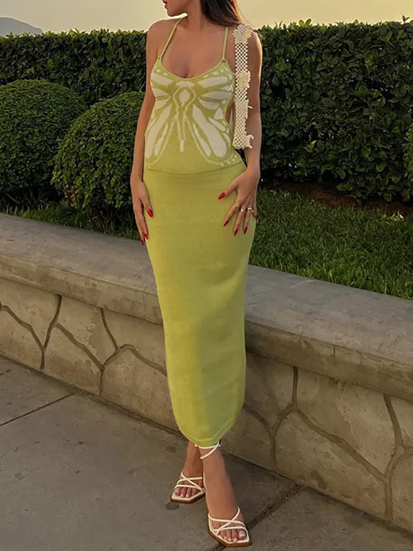 Momnfancy Green Butterfly Print Backless Tie Back Knitting Strap Bodycon Maternity Maxi Dress