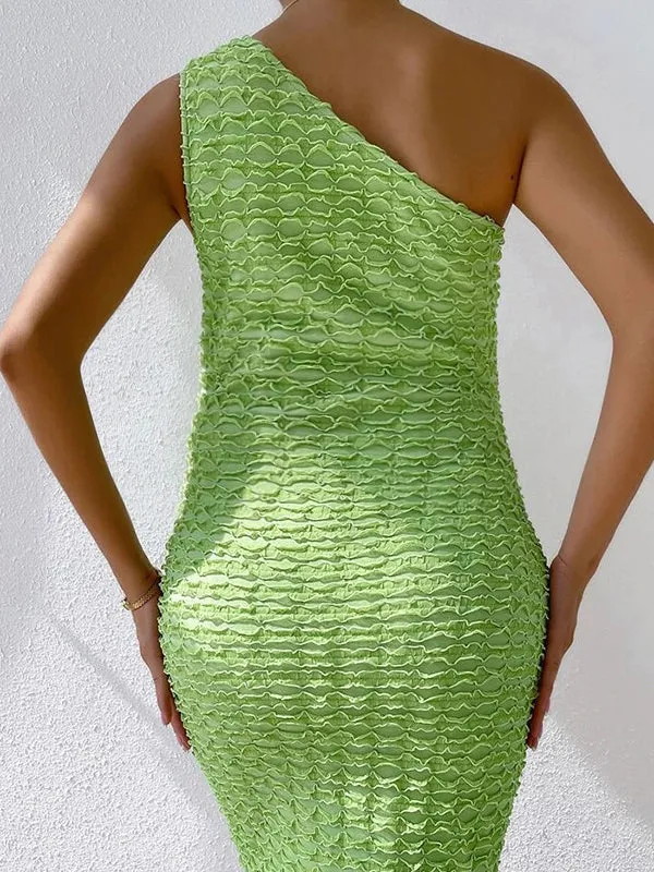 Momnfancy Green One Shoulder Cut Out Popcorn Style Textured Bodycon Waist Baby Shower Maternity Dress