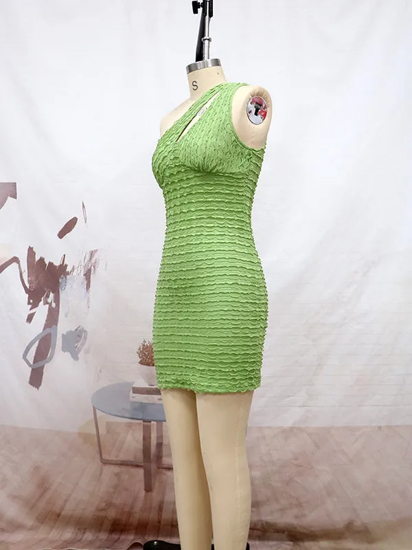 Momnfancy Green One Shoulder Cut Out Popcorn Style Textured Bodycon Waist Baby Shower Maternity Dress