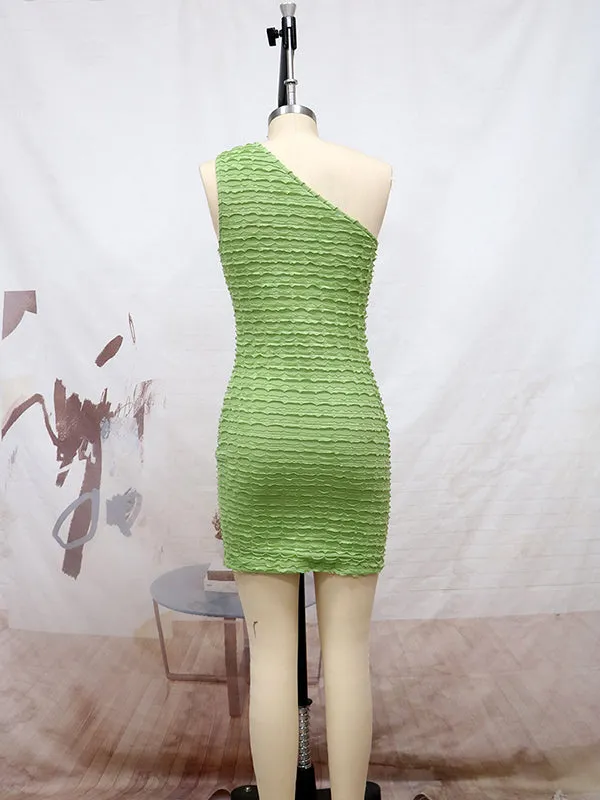 Momnfancy Green One Shoulder Cut Out Popcorn Style Textured Bodycon Waist Baby Shower Maternity Dress