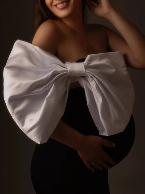 Momnfancy Off Shoulder Bandeau Backless Bowknot Cute Baby Shower Bodycon Maternity Mini Dress