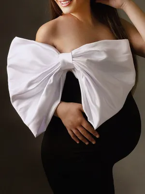 Momnfancy Off Shoulder Bandeau Backless Bowknot Cute Baby Shower Bodycon Maternity Mini Dress