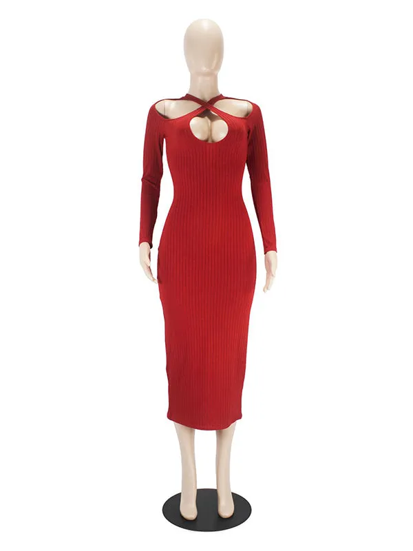 Momnfancy Solid Rib Fabric Cut Out Baby Shower Bodycon Maternity Midi Dress