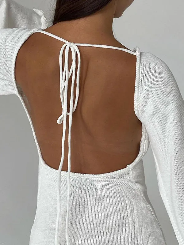 Momnfancy Solid Ruffle Backless Tie Back Baby Shower Bodycon Fashion Maternity Mini Dress