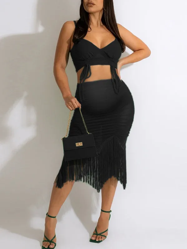 Momnfancy Two Piece Irregular Mesh Ruched Tassel Drawstring Cami Bodycon Chic Club Maternity Photoshoot Baby Shower Party Midi Dress