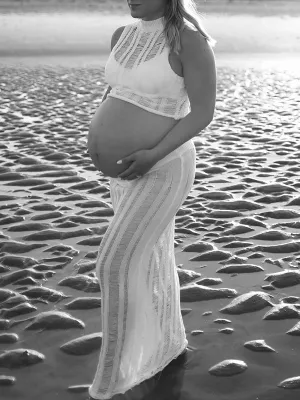 Momnfancy White Two Piece Crochet Crop Bodycon Round Neck Chic Holiday Photoshoot Maternity Maxi Dress