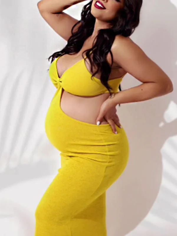 Momnfancy Yellow Off Shoulder Backless Cut Out Bandage Bodycon Chic Going Out Photoshoot Maternity Baby Shower Maxi Dress