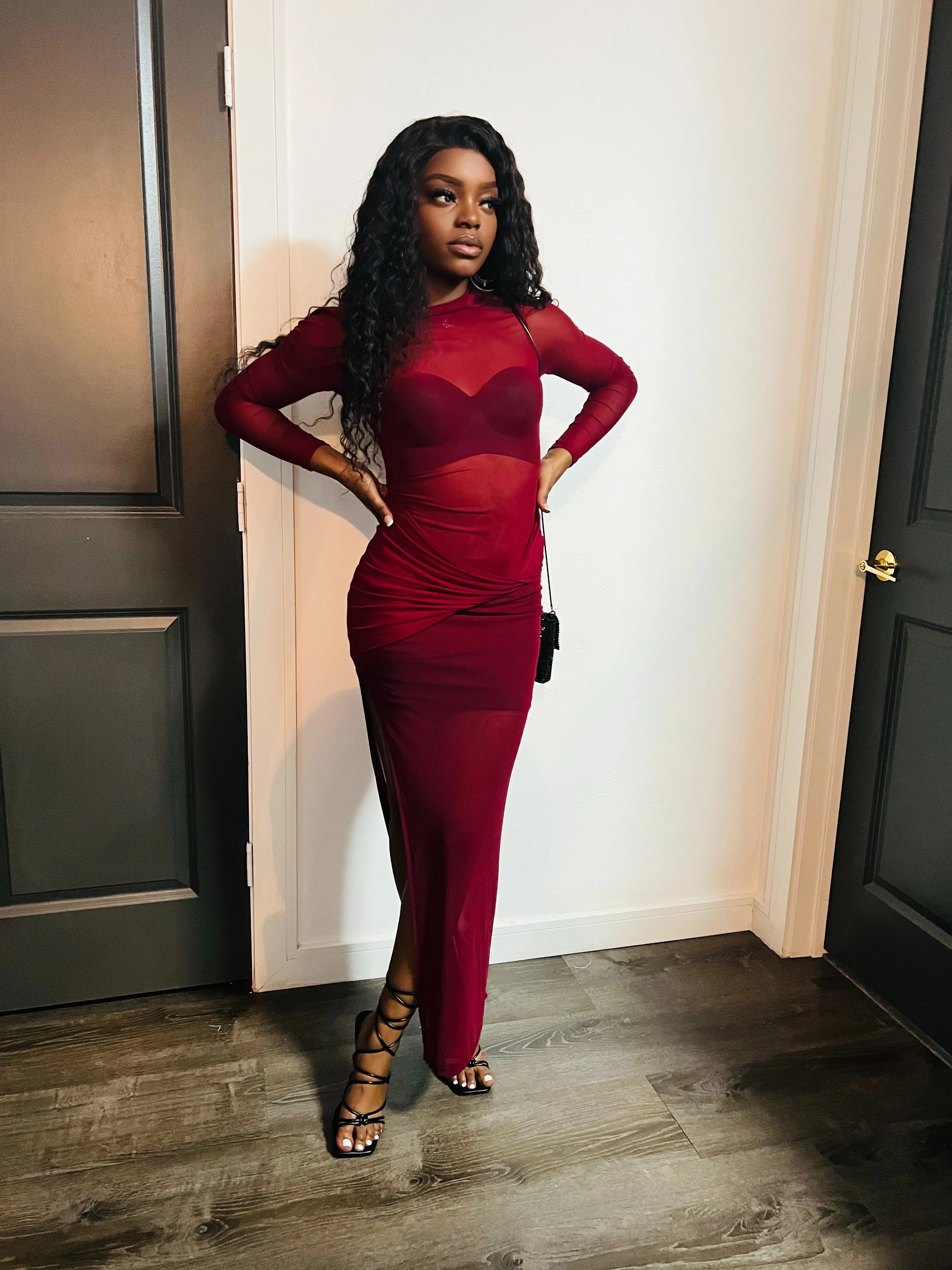 Nadia Mesh Bandage Wrap Bodycon Dress X Burgundy