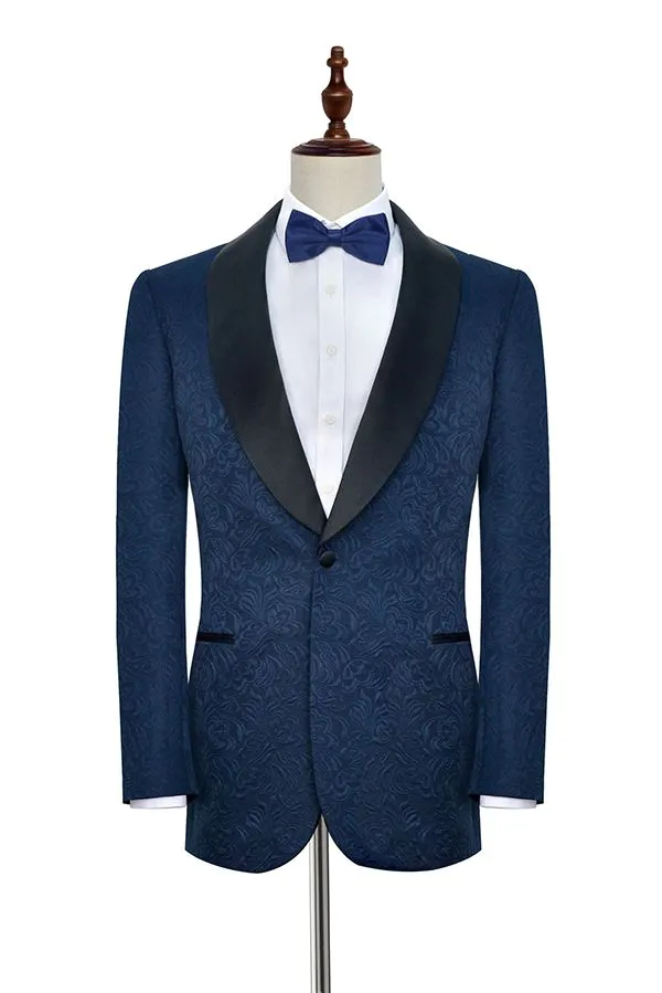 Navy Blue Mens Suits for Weddings Jacquard Black Silk Shawl Lapel Marriage Suits
