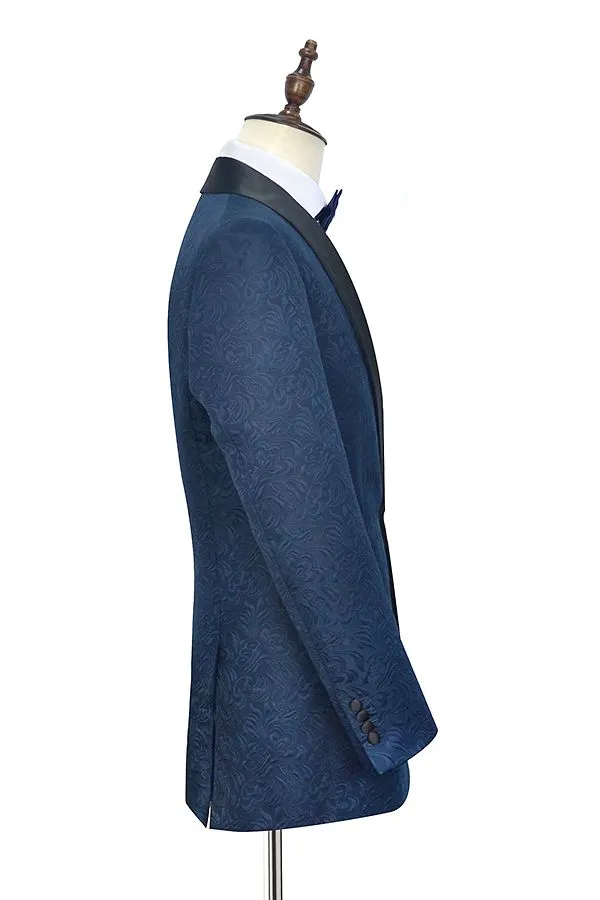 Navy Blue Mens Suits for Weddings Jacquard Black Silk Shawl Lapel Marriage Suits