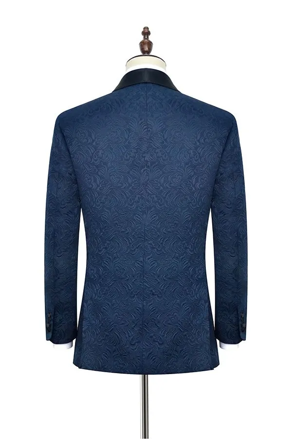 Navy Blue Mens Suits for Weddings Jacquard Black Silk Shawl Lapel Marriage Suits