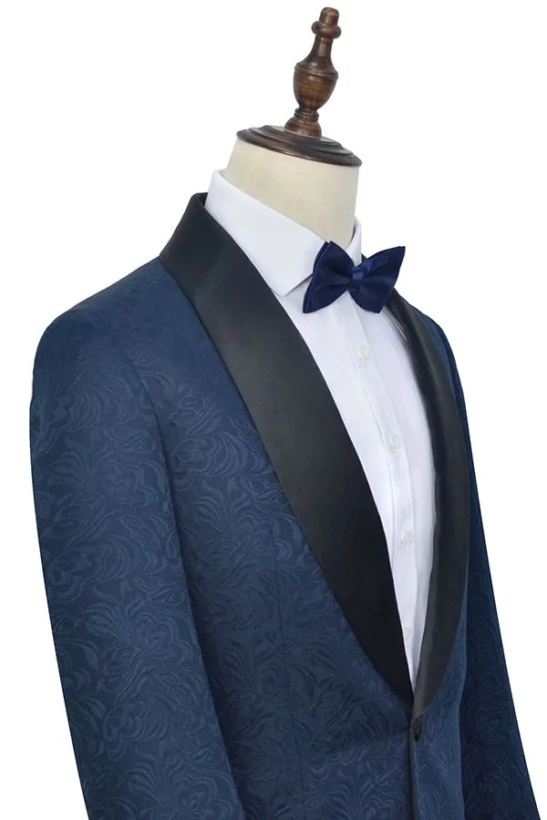 Navy Blue Mens Suits for Weddings Jacquard Black Silk Shawl Lapel Marriage Suits