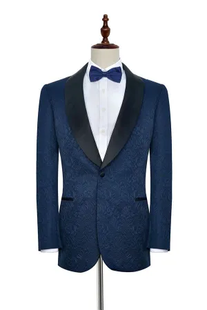 Navy Blue Mens Suits for Weddings Jacquard Black Silk Shawl Lapel Marriage Suits