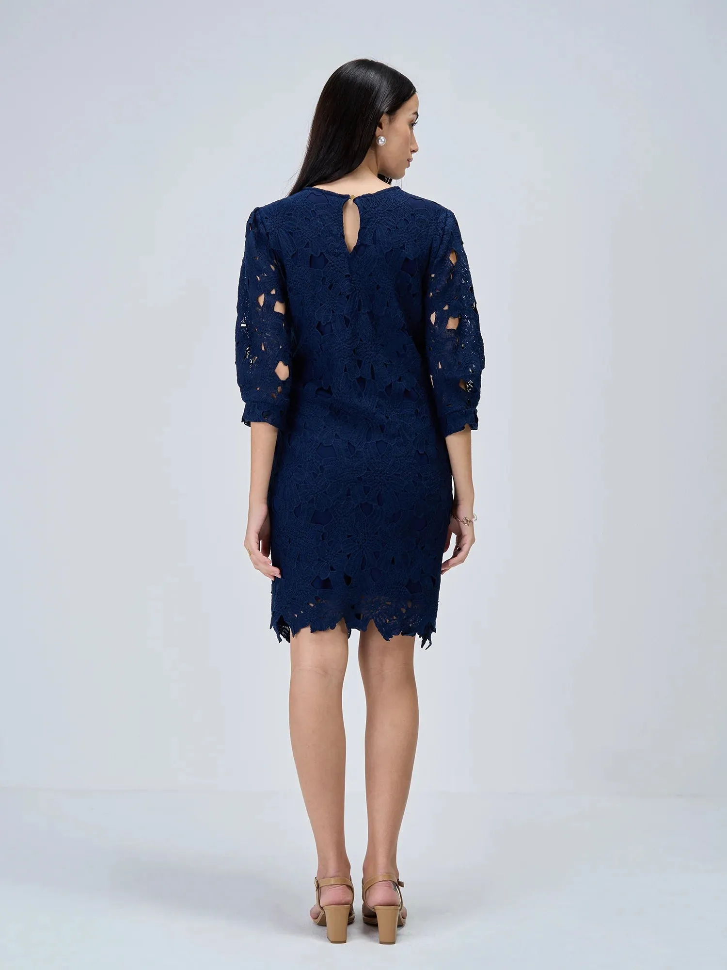 Navy Gardenia Lace Shift Dress-Navy
