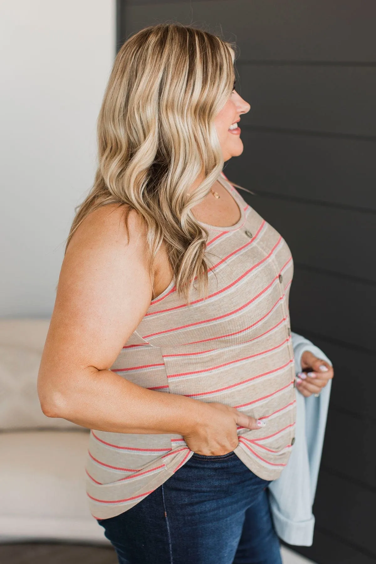 Never Anyone Else Striped Tank Top- Oatmeal & Coral